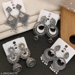Trendy Oxidised Silver Jhumki Earrings Combo – Set of 4 Drop & Dangle Hoop Designs