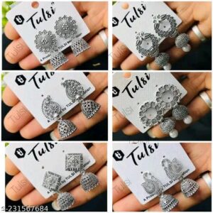 Elegant Silver-Plated Oxidised Earrings Combo – Set of 6 Stylish Designs